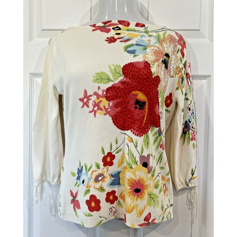 Sequin Floral Talk of the Walk Atlantic City Split Sleeve Knit Top Sweater XL